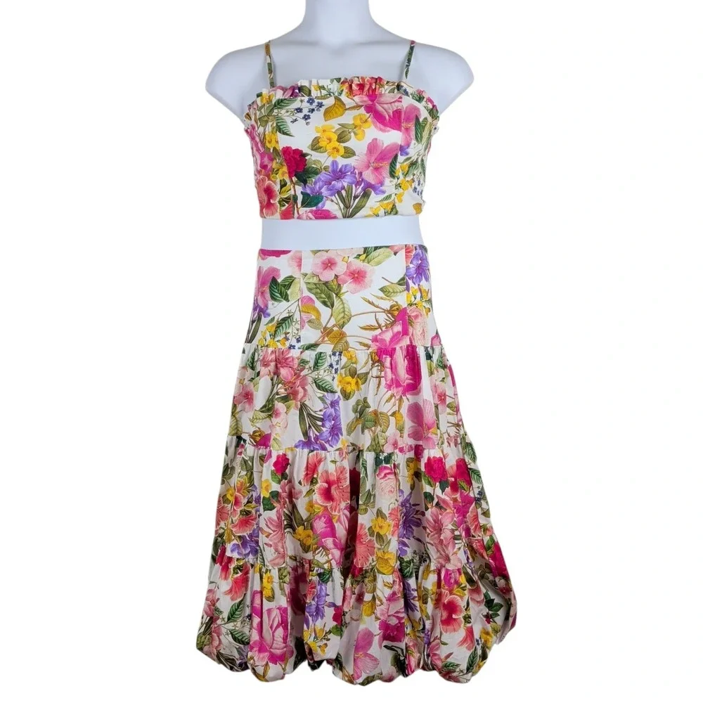 Garden Party Bloomcore Two Piece Set Crop Top Bubble Skirt Romantic Whimsical